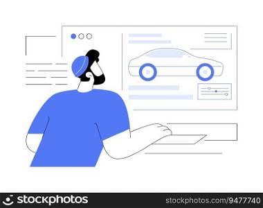 Computer-aided-engineering abstract concept vector illustration. Engineer with laptop improving product design using CAD software, automotive industry, car manufacturing abstract metaphor.. Computer-aided-engineering abstract concept vector illustration.