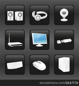 Computer and accessories icons set of headphones camera router isolated vector illustration.