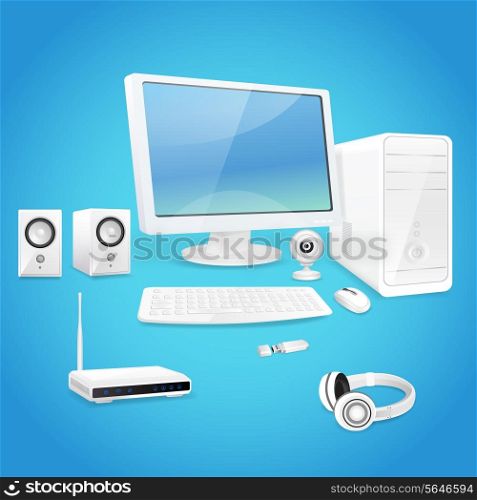 Computer and accessories set of monitor speaker keyboard isolated vector illustration