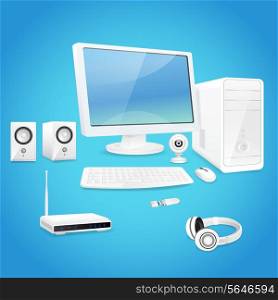 Computer and accessories set of monitor speaker keyboard isolated vector illustration