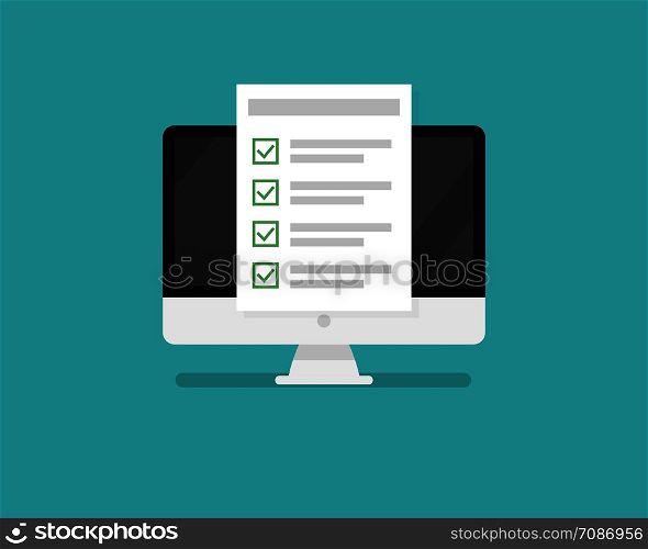 Computer and application or test with checklist form with green checkmark. Paper document with checkbox on page. EPS 10. Computer and application or test with checklist form with green checkmark. Paper document with checkbox on page.
