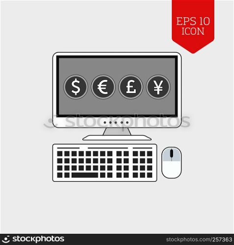 Computer and common currency symbols icon. Online trading concept. Flat design gray color symbol. Modern UI web navigation, sign. Illustration element