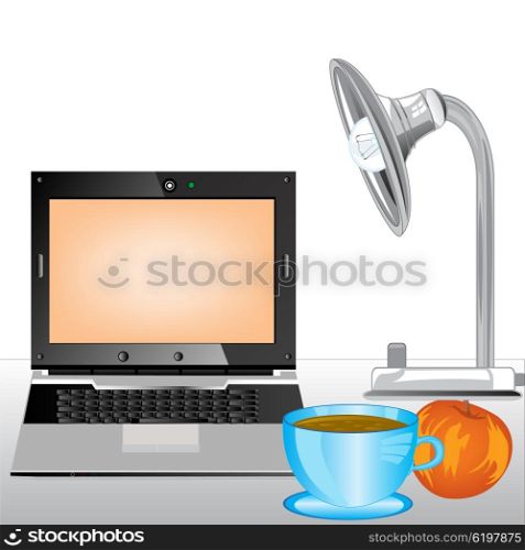 Computer and cup coffee on table. Notebook and cup coffee on table on white background