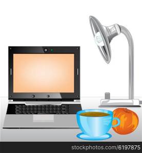 Computer and cup coffee on table. Notebook and cup coffee on table on white background