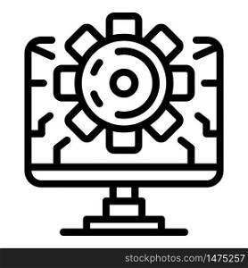 Computer and gear icon. Outline computer and gear vector icon for web design isolated on white background. Computer and gear icon, outline style