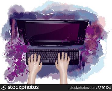 computer and hands on abstract grunge background