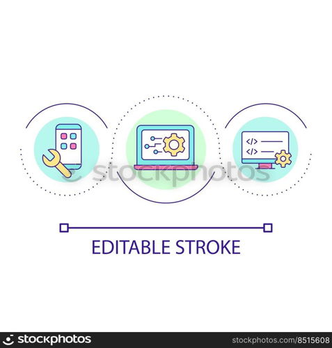 Computer and mobile phone repair service loop concept icon. Hardware, software installation abstract idea thin line illustration. Isolated outline drawing. Editable stroke. Arial font used. Computer and mobile phone repair service loop concept icon