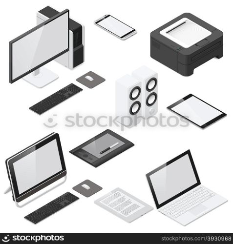 Computer and office devices detailed isometric icon set. Computer and office devices detailed isometric icon set vector graphic illustration
