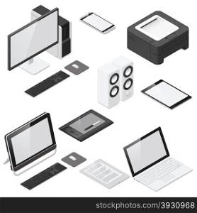 Computer and office devices detailed isometric icon set. Computer and office devices detailed isometric icon set vector graphic illustration