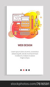 Computer and pc mouse, drivers and pen, phone and keyboard on abstract liquid shape, web design slide decorated by electronic equipment vector. Website or app slider, landing page flat style. Web Design Template, Pc Equipment, Webpage Vector