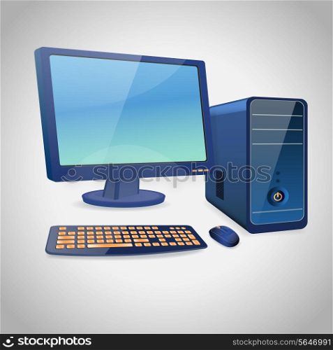 Computer and peripheral accessories blue set of monitor case keyboard and mouse isolated vector illustration