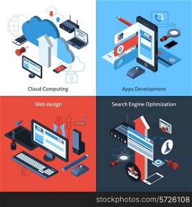 Computer and web design concept set with cloud computing apps development search engine optimization isometric icons vector illustration