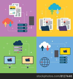 Computer, backup, data and cloud computing icons. Concepts of file transfer, backup data document, exchange data computer and cloud computing. Flat design icons in vector illustration.