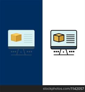 Computer, Box, Internet, Monitor Icons. Flat and Line Filled Icon Set Vector Blue Background