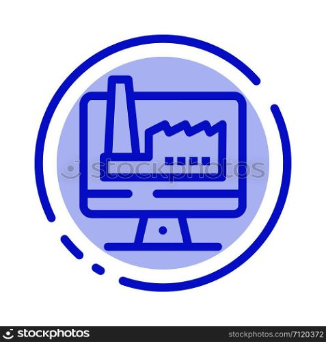 Computer, Building, Monitor, Factory Blue Dotted Line Line Icon
