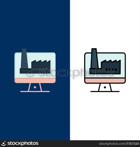 Computer, Building, Monitor, Factory Icons. Flat and Line Filled Icon Set Vector Blue Background