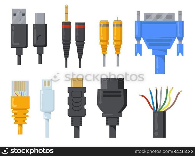 Computer cables, wires and cords flat item set. Cartoon black and colored connectors for HDMI or VGA port isolated vector illustration collection. Network and communication concept