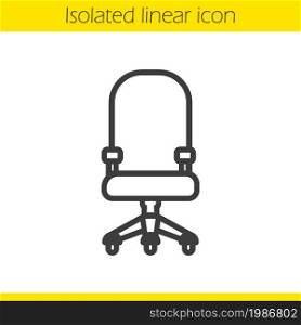 Computer chair linear icon. Comfortable office and house furniture thin line illustration. Office chair contour symbol. Vector isolated outline drawing. Computer chair linear icon