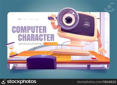 Computer character at office desk cartoon landing page. Cute pc desktop with smiling face look through magnifying glass. Electronic device personage, business information research, Vector web banner. Computer character at office desk landing page
