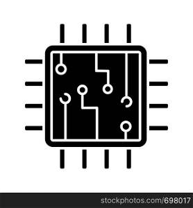 Computer chip glyph icon. Silhouette symbol. Processor. Memory card. Central processing unit. Artificial intelligence. Negative space. Vector isolated illustration. Computer chip glyph icon