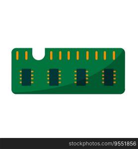 Computer Chip Hardware. Green microchip. Microprocessor and microcircuit icon. Modern technology. Flat illustration