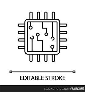 Computer chip linear icon. Thin line illustration. Processor. Memory card. Central processing unit. Artificial intelligence. Contour symbol. Vector isolated outline drawing. Editable stroke. Computer chip linear icon