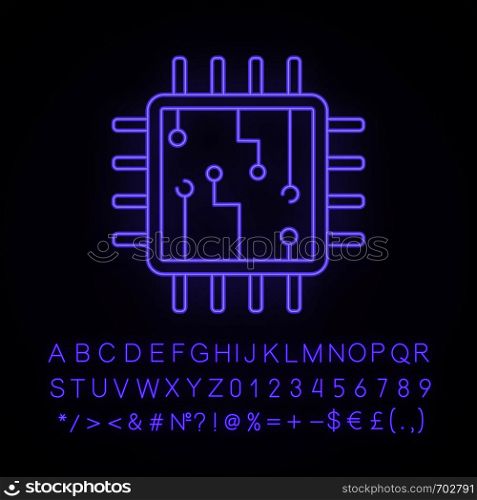 Computer chip neon light icon. Processor. Memory card. Central processing unit. Artificial intelligence. Glowing sign with alphabet, numbers and symbols. Vector isolated illustration. Computer chip neon light icon