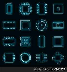 Computer chips icons set. Illustration of 16 computer chips vector icons neon color on black. Computer chips icons set vector neon