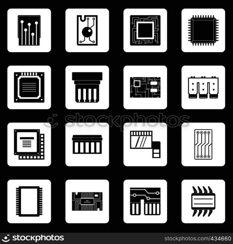 Computer chips icons set in white squares on black background simple style vector illustration. Computer chips icons set squares vector