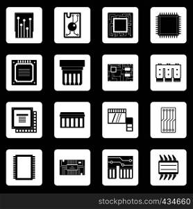 Computer chips icons set in white squares on black background simple style vector illustration. Computer chips icons set squares vector
