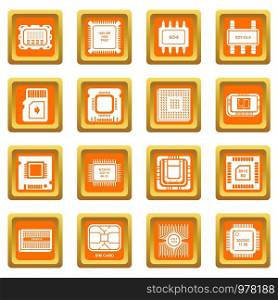 Computer chips icons set vector orange square isolated on white background . Computer chips icons set orange square vector