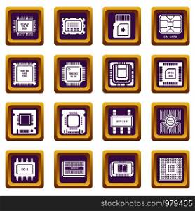 Computer chips icons set vector purple square isolated on white background . Computer chips icons set purple square vector