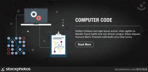 Computer code concept. Internet banner with icons in vector. Web banner for business, finance, strategy, investment, technology and planning.