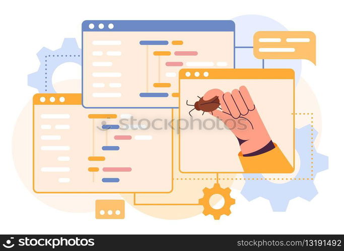 Computer code. Programmers hand holding bug. Malware problem. Digital debug coding. Antivirus system of program security. Testing software. Web data safety. PC windows. Vector illustration concept. Computer code. Programmers hand holding bug. Malware problem. Digital debug coding. Antivirus system of program security. Testing software. Web data safety. Vector illustration concept