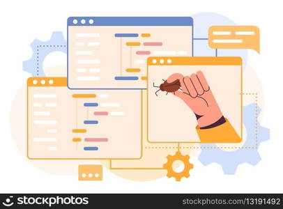 Computer code. Programmers hand holding bug. Malware problem. Digital debug coding. Antivirus system of program security. Testing software. Web data safety. PC windows. Vector illustration concept. Computer code. Programmers hand holding bug. Malware problem. Digital debug coding. Antivirus system of program security. Testing software. Web data safety. Vector illustration concept