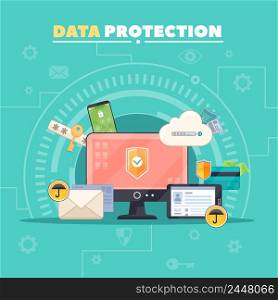 Computer communications safety and private data protection flat composition poster with antivirus software symbol abstract vector illustration . Data Protection Flat Composition Poster