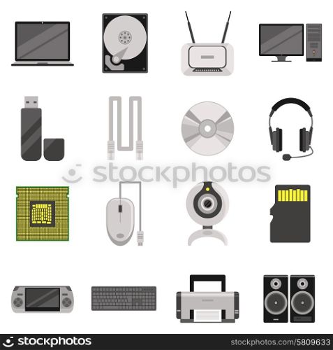 Computer Components And Accessories Icon Set. Laptop and computer with components and accessories and electronic devices flat icons set isolated vector illustration