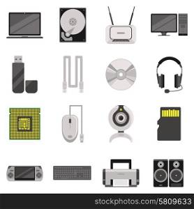 Computer Components And Accessories Icon Set. Laptop and computer with components and accessories and electronic devices flat icons set isolated vector illustration