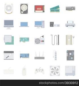 Computer components and peripherals flat icons set graphic illustration design. Computer components and peripherals flat icons set