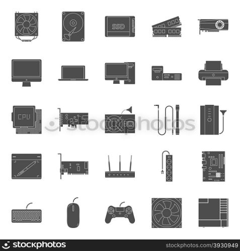 Computer components and peripherals silhouettes icons set. Computer components and peripherals silhouettes icons set graphic illustration design