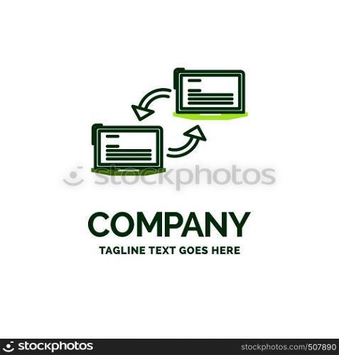 Computer, connection, link, network, sync Flat Business Logo template. Creative Green Brand Name Design.