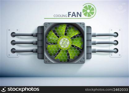 Computer cooling system template with realistic green cooler grid and wires on gray background vector illustration. Computer Cooling System Template