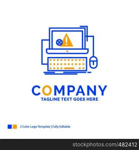 Computer, crash, error, failure, system Blue Yellow Business Logo template. Creative Design Template Place for Tagline.