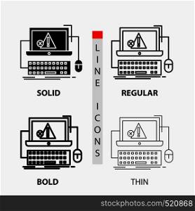 Computer, crash, error, failure, system Icon in Thin, Regular, Bold Line and Glyph Style. Vector illustration. Vector EPS10 Abstract Template background