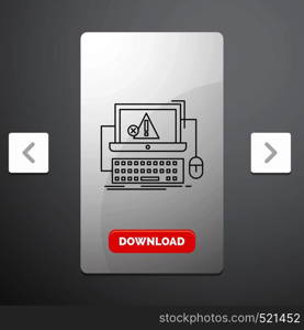 Computer, crash, error, failure, system Line Icon in Carousal Pagination Slider Design & Red Download Button. Vector EPS10 Abstract Template background