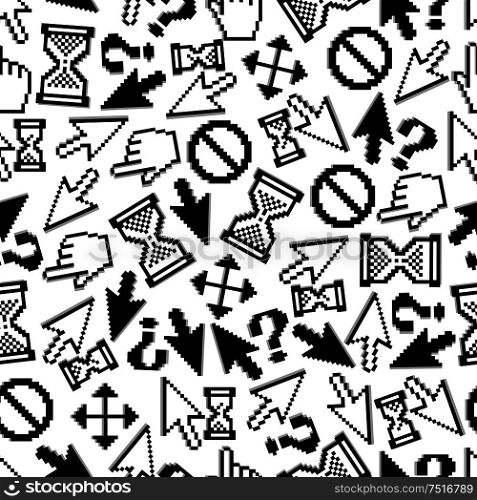 Computer cursors seamless pattern with randomly scattered pixelated symbols of mouse hand and arrow, hourglass and question mark, access denied and cursor direction over white background. May be used in web technology background or software interface theme design. Pixelated mouse cursors seamless pattern