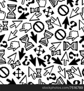 Computer cursors seamless pattern with randomly scattered pixelated symbols of mouse hand and arrow, hourglass and question mark, access denied and cursor direction over white background. May be used in web technology background or software interface theme design. Pixelated mouse cursors seamless pattern