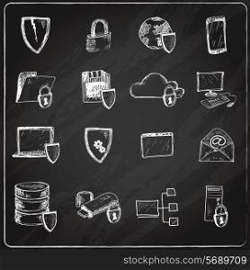 Computer data protection and secure database hosting chalkboard icons set isolated vector illustration