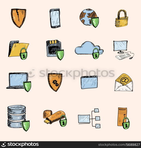 Computer data protection and secure information exchange sketch icons colored set isolated vector illustration