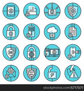 Computer data protection and secure internet information blue line icons set isolated vector illustration